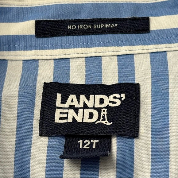 Lands End Women's Striped No Iron Cotton Button Front Blouse Blue/White Size 12T - Picture 3 of 6